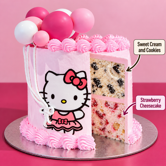 front view of Hello Kitty Tall with Balloons Ice Cream Cake with two ben & jerry's ice cream flavour inside 