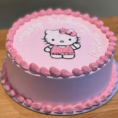 Front view of a Hello Kitty-themed birthday cake made with Ben & Jerry's ice cream in Adelaide, showcasing its recognisable Sanrio character styling.