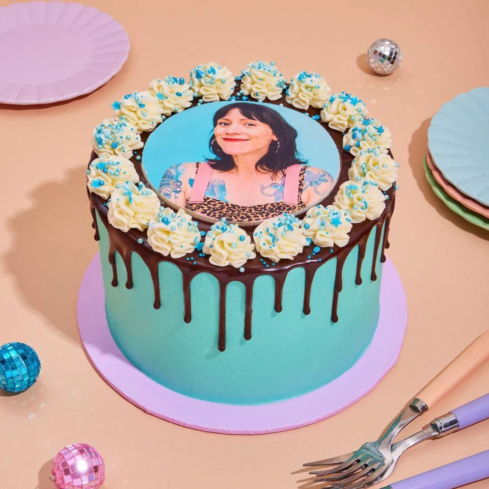 Front view of a custom photo cake made with Ben & Jerry's ice cream in Adelaide, showcasing the personalised edible image decoration.