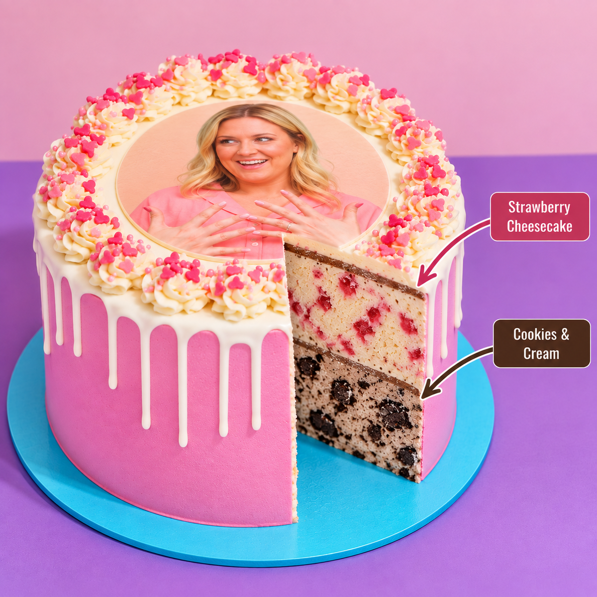 front view of Ice Cream Photo ice cream Cakes - Upload Your Photo with two ben & jerry's ice cream flavours inside 