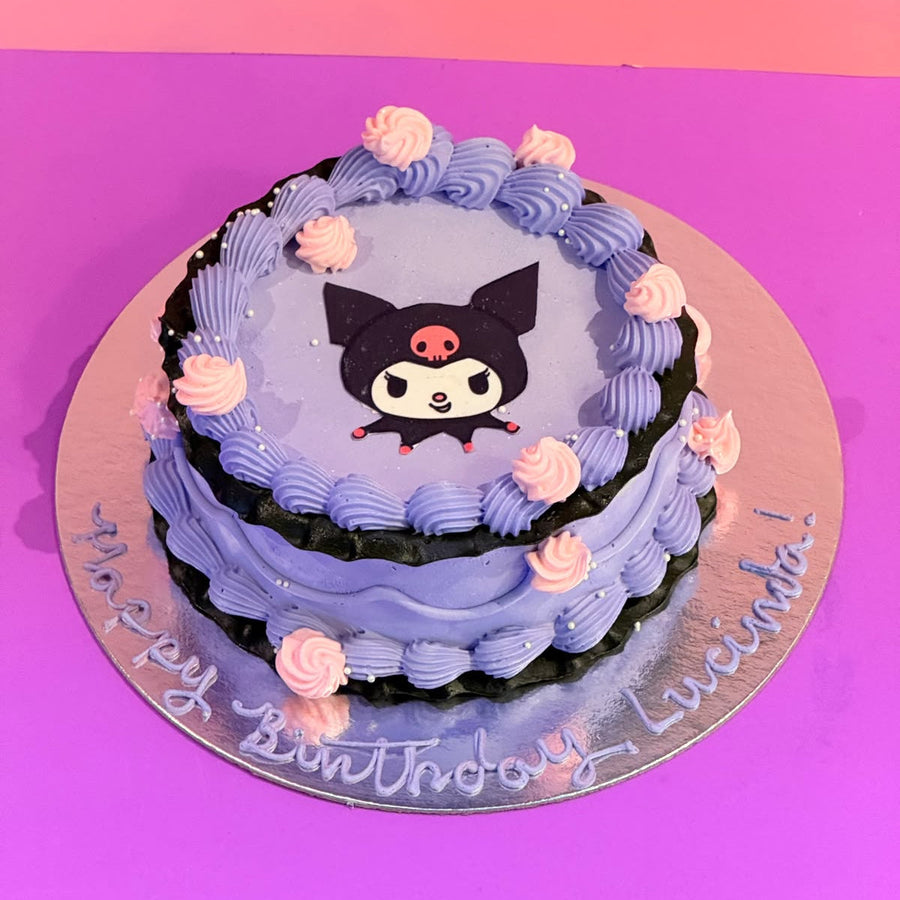 Full view of the Kuromi Sanrio-inspired Ice Cream Cake handcrafted in Adelaide with Ben & Jerry’s ice cream and cute character details.