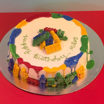 top view of a LEGO birthday cake made with Ben & Jerry's ice cream in Adelaide, showcasing its playful brick-inspired styling.
