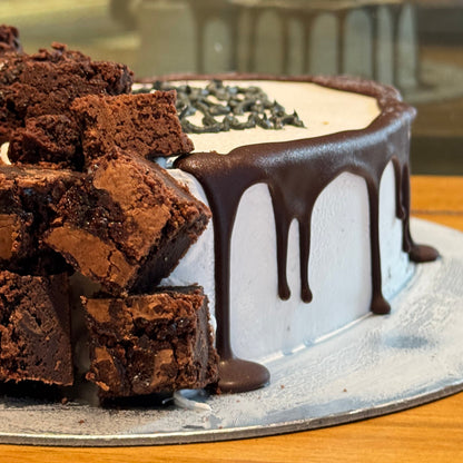 close up of a heart-shaped brownie cake made with Ben & Jerry's ice cream in Adelaide, showcasing its indulgent chocolate decoration.
