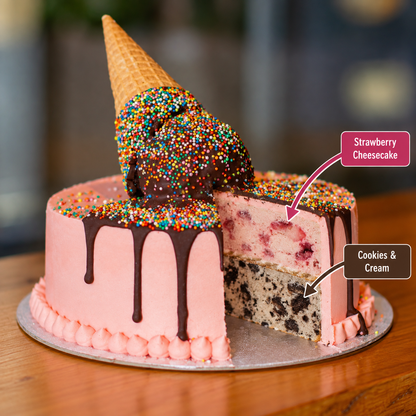 front view of Melting Cone icecream Cake with ben & jerry's ice cream flavours inside 