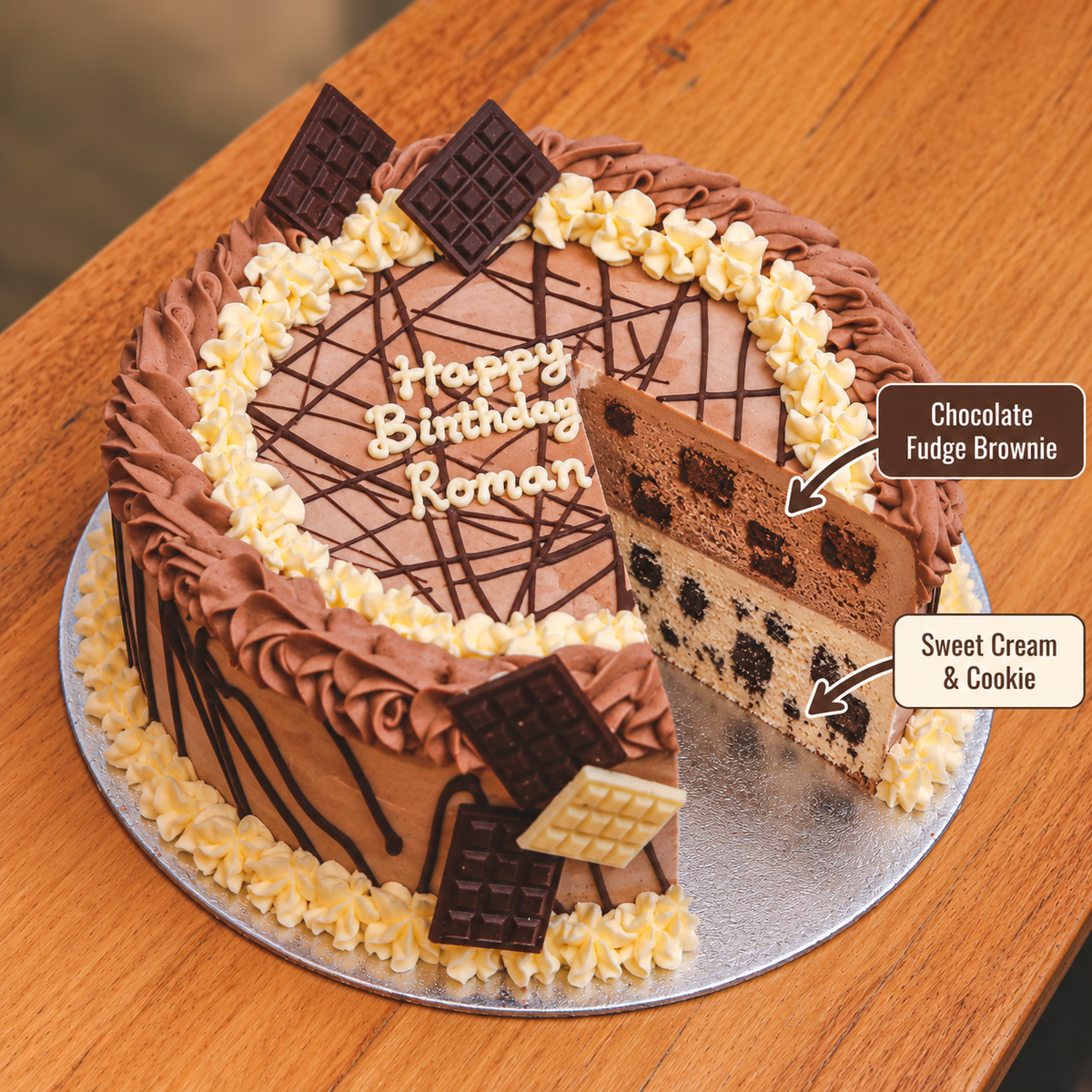 front view of Mini Chocolate Bars ice cream Cake with two ben & jerry's ice cream flavours inside 