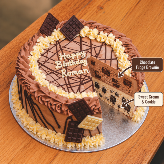 front view of Mini Chocolate Bars ice cream Cake with two ben & jerry's ice cream flavours inside 