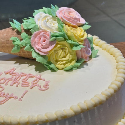 close up of a Mother's Day flower bouquet cake made with Ben & Jerry's ice cream in Adelaide, showcasing its charming bouquet-inspired presentation.