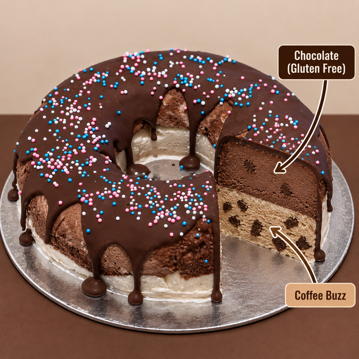 front view of Naked Donut ice cream Cake with two ben & jerry's ice cream flavours inside 