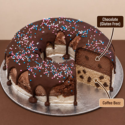 front view of Naked Donut ice cream Cake with two ben & jerry's ice cream flavours inside 