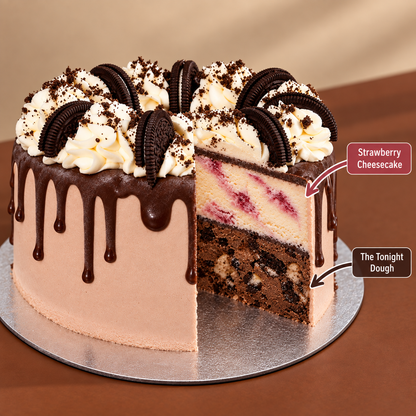 front view of Oreo Drip Cake -Chocolate with two ben & jerry's ice cream flavours inside 