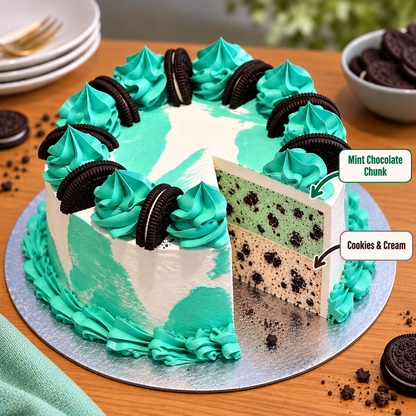 front view of Oreo Drip Cake - Green/Aqua with two ben & jerry's ice cream flavours inside