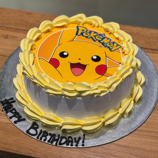 Full view of a Pikachu birthday ice cream cake featuring the iconic yellow Pokémon character design for a fun children's birthday celebration.