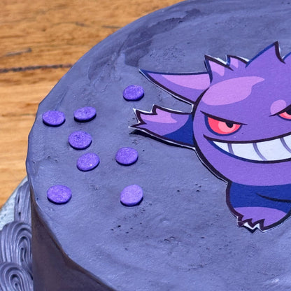 close up of a Gengar-themed cake made with Ben & Jerry's ice cream in Adelaide, showcasing its character-inspired birthday design.