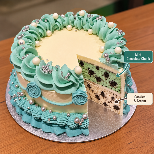 front view of Retro Vintage Cake Blue with Pearls ice cream cake with two ben & jerry's ice cream flavours inside 