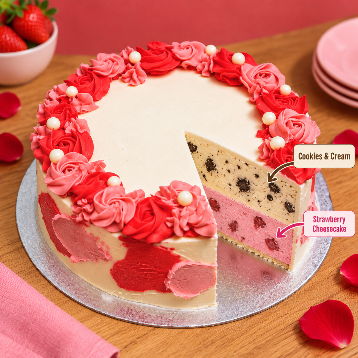 front view of Roses and Pearls ice cream Cake with two ben & jerry's ice cream flavours inside 