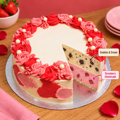 front view of Roses and Pearls ice cream Cake with two ben & jerry's ice cream flavours inside 