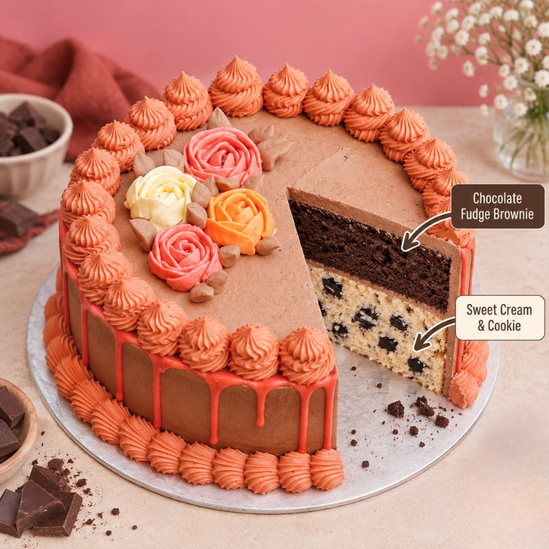 front view of Roses ice cream Cake with two ben & jerry's ice cream flavours inside
