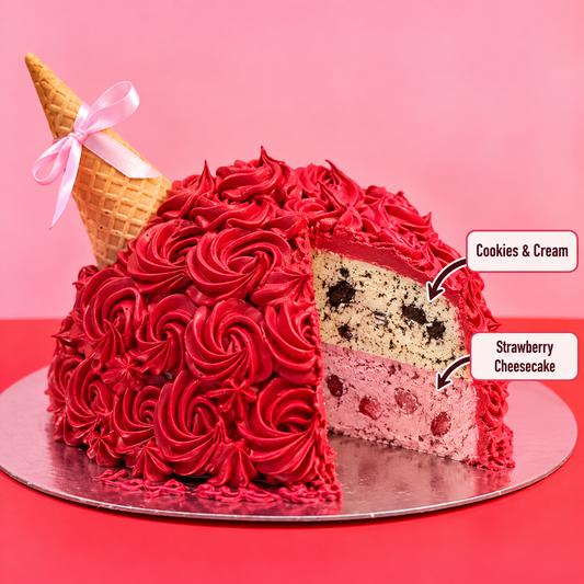 front view of Rosette Dome ice cream Cake with two ben & jerry's ice cream flavours inside