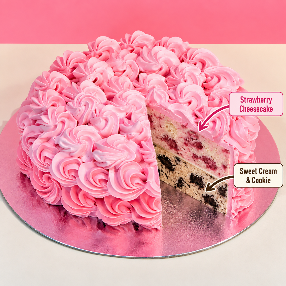front view of Rosette ice cream Cake with two ben & jerry's ice cream flavours inside 