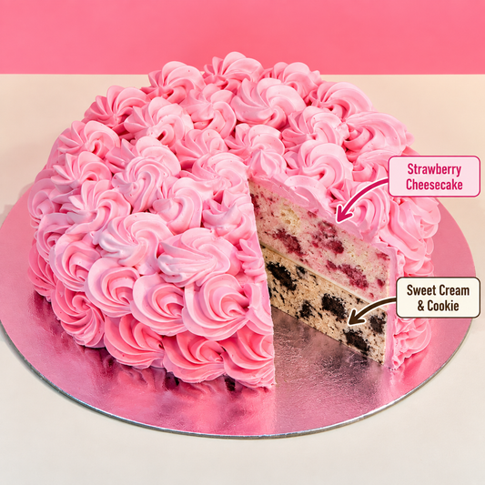 front view of Rosette ice cream Cake with two ben & jerry's ice cream flavours inside 