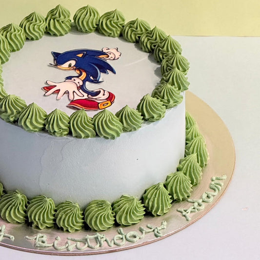 side view of the Sonic the Hedgehog Ice Cream Cake featuring bold blue and green character-inspired details for a gaming birthday in Adelaide.