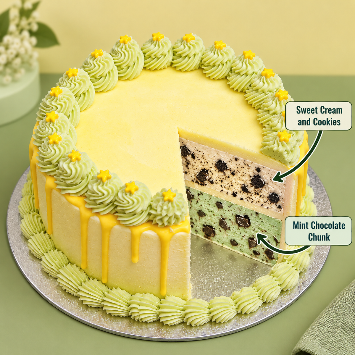 front view of Starry Night Green ice cream Cake with two ben & jerry's ice cream flavour inside 