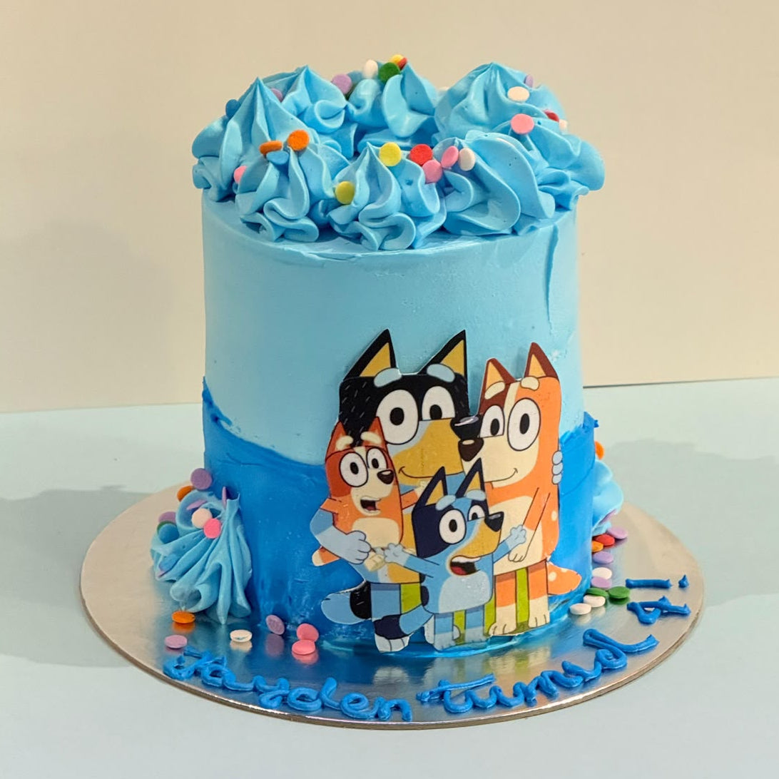 Front view of the Tall Bluey Cake featuring playful character-inspired details and a colourful design for a kids’ birthday in Adelaide.
