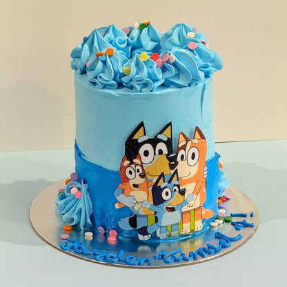 Front view of the Tall Bluey Cake featuring playful character-inspired details and a colourful design for a kids’ birthday in Adelaide.