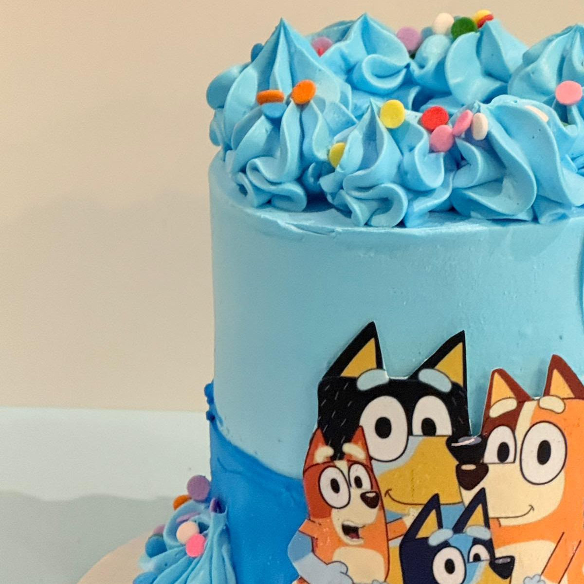 Side view of the Tall Bluey Ice Cream Cake handcrafted with Ben & Jerry’s ice cream and personalised details for a Bluey-themed birthday.