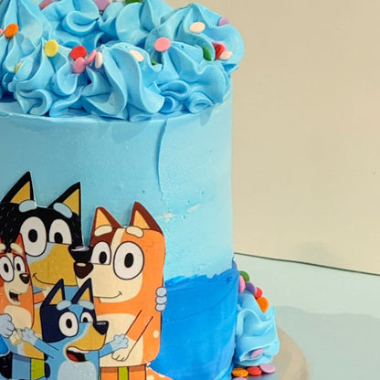 Close-up view of the Tall Bluey Cake showcasing colourful handcrafted character-inspired decorations for a kids’ celebration in Adelaide.