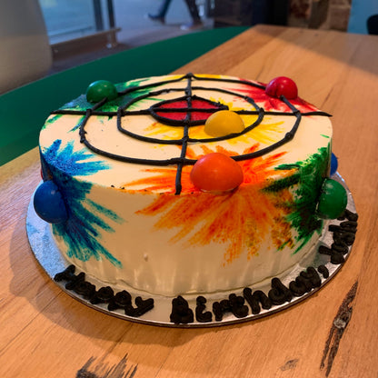 front view of a handcrafted Nerf-themed ice cream cake in Adelaide made using Ben & Jerry's ice cream, highlighting its target practice styling.
