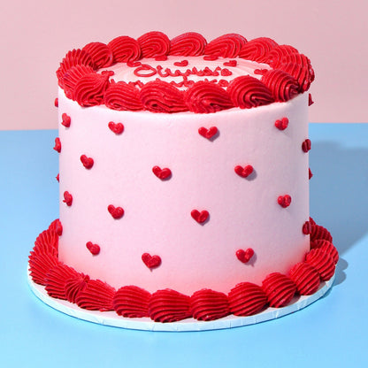 Front view of a Valentine's Day cake in Adelaide, showcasing its charming heart-themed decorations.