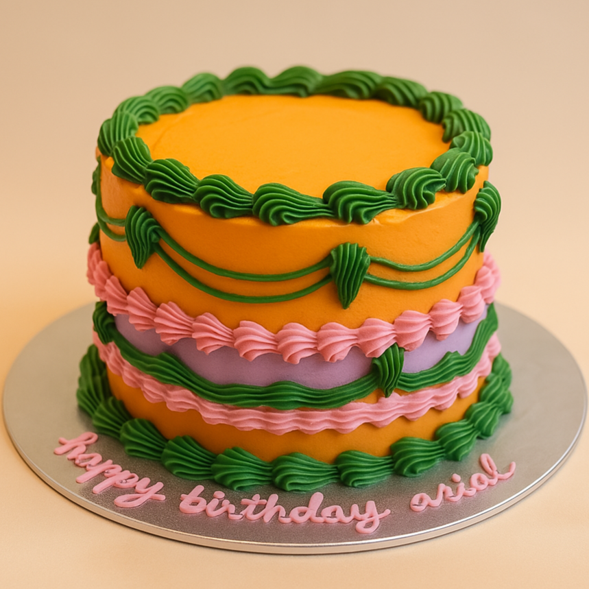Full view of a colourful green, orange and pink vintage birthday cake in Adelaide, featuring contrasting retro-style decorative piping.